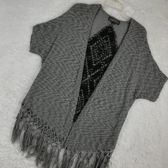 Almost Famous Womens Sweater Open Cardigan Acrylic Diamond Gray Knit‎ Tassles M - Picture 10 of 11